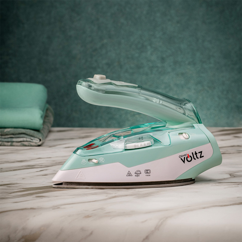 Туристическа ютия Oliver Voltz OV51050K, 1100W, 55 ml, Сгъваема, Защита прегряване, Тюркоаз/Бял