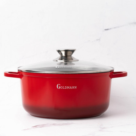 Тенджера Goldmann GM-7324R, 4.5 л, 24 см, Мраморно покритие, Стъклен капак с отвор за пара, Индукция, Червен