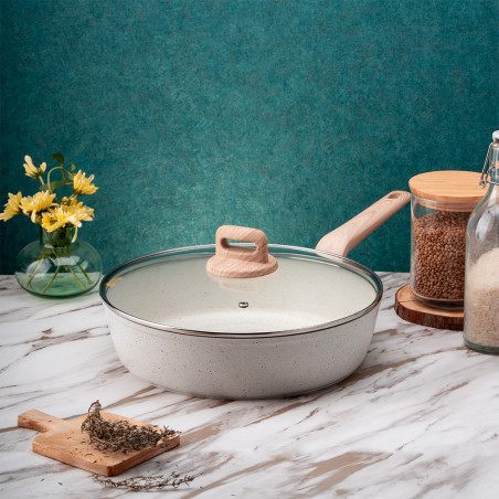 Дълбок тиган с капак Voltz Nice OV54419E28CD, 28x6.8 см, Мраморно покритие, Индукция, Кремав меланж