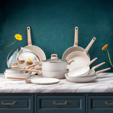 Дълбок тиган с капак Voltz Nice OV54419E28CD, 28x6.8 см, Мраморно покритие, Индукция, Кремав меланж