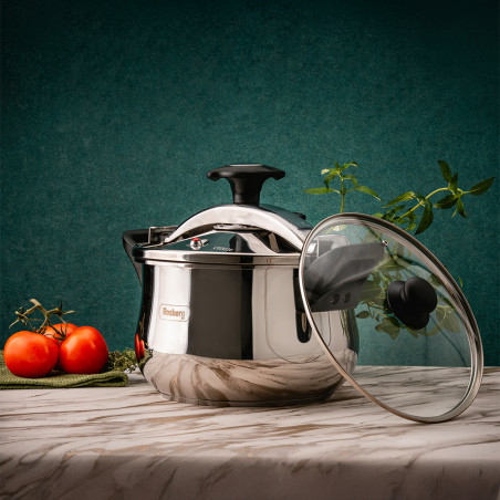 Тенджера под налягане Rosberg R51311A9, 9 литра, 2 капака, Индукция, Трислойно дъно, Инокс