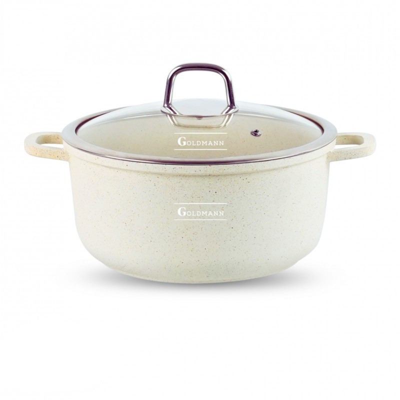 Тенджера Goldmann GM-0324B, 4.5 л, 24 см, Мраморно покритие, Стъклен капак с отвор за пара, Индукция, Бежов