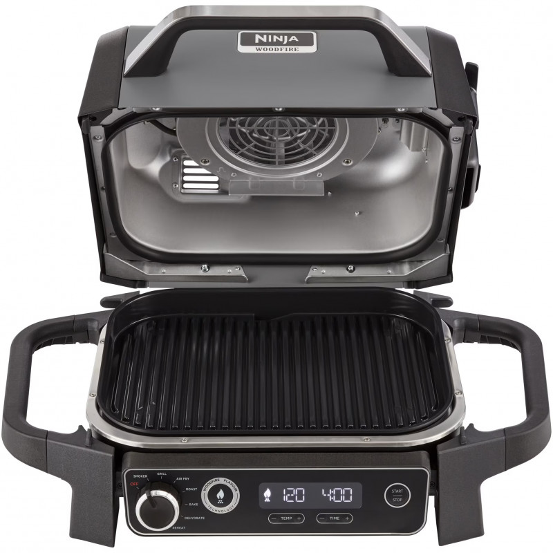 Електрическа скара опушвач Ninja OG701EU, 2400W, До 260C, Вътрепно аминово керамично покритие, Woodfire, Сив