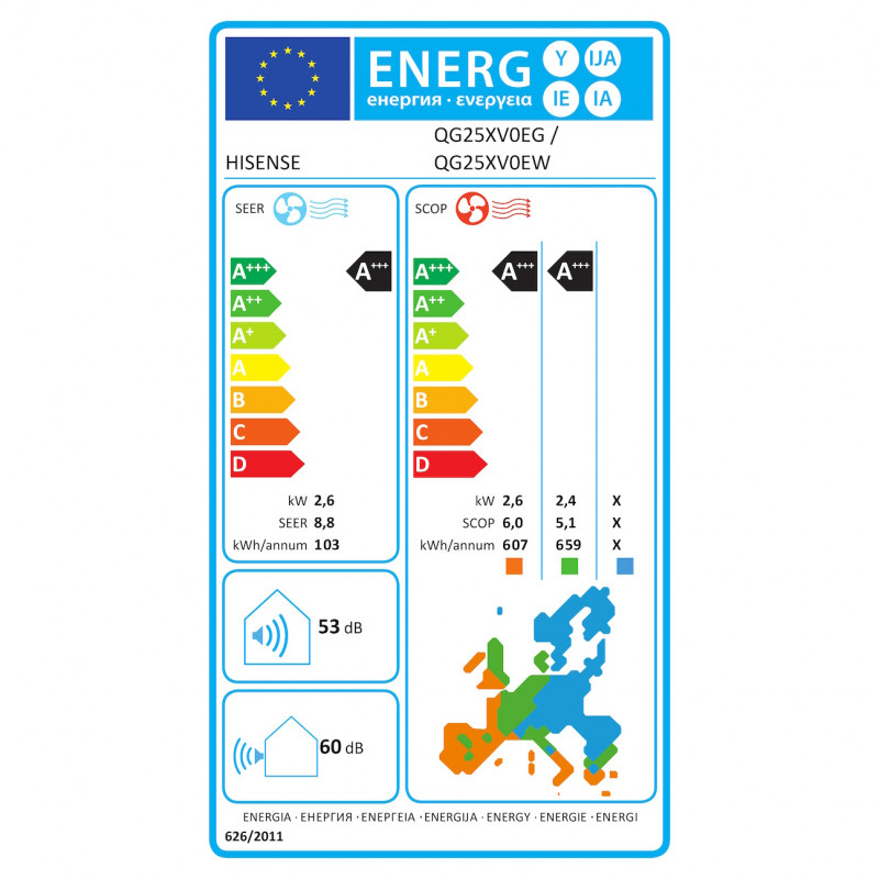 Инверторен климатик Hisense Energy Pro + QG25XV0E, 9000 BTU, 14 м2, А+++/А+++, Wi-Fi, Гласово управление, 4в1 филтър, Бял