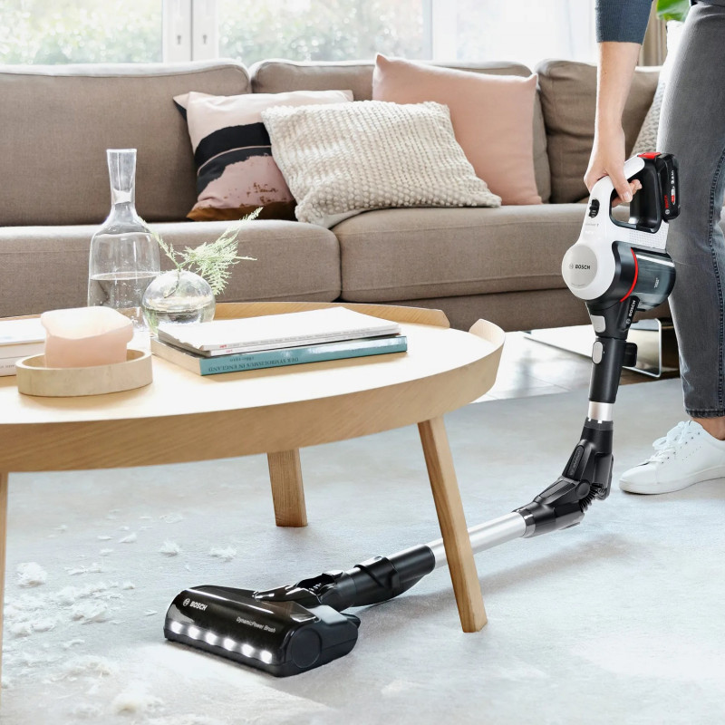 Вертикална прахосмукачка Bosch Unlimited 7 BBS711W, 300 мл, TurboSpin мотор, LED светлини, Автономия 40 минути, Бял/Черен