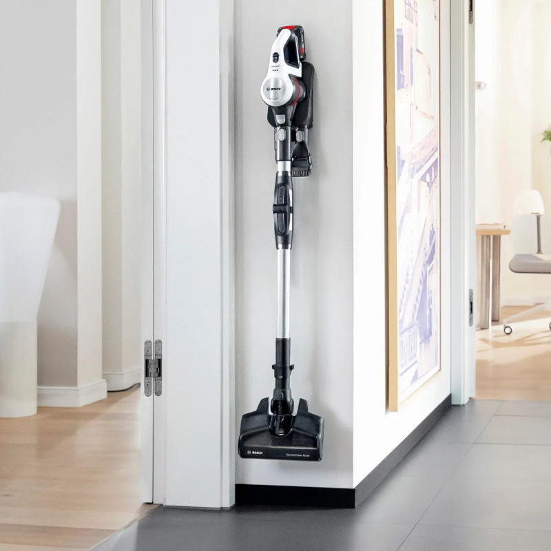 Вертикална прахосмукачка Bosch Unlimited 7 BBS711W, 300 мл, TurboSpin мотор, LED светлини, Автономия 40 минути, Бял/Черен