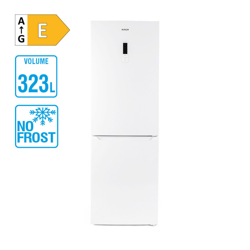 Хладилник с фризер Muhler NFC185WE, 323 л, Клас Е, No Frost, Реверсивна врата, Дисплей, R600a, Бял