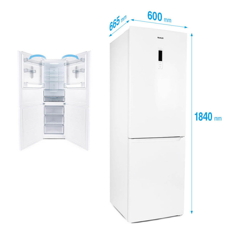 Хладилник с фризер Muhler NFC185WE, 323 л, Клас Е, No Frost, Реверсивна врата, Дисплей, R600a, Бял