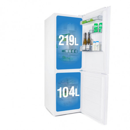 Хладилник с фризер Muhler NFC185WE, 323 л, Клас Е, No Frost, Реверсивна врата, Дисплей, R600a, Бял