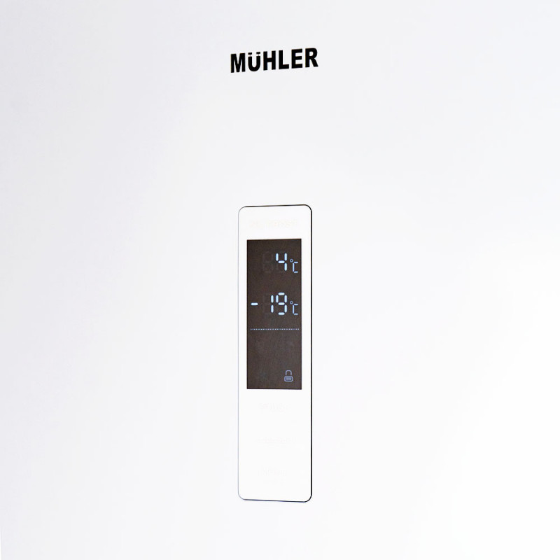 Хладилник с фризер Muhler NFC185WE, 323 л, Клас Е, No Frost, Реверсивна врата, Дисплей, R600a, Бял