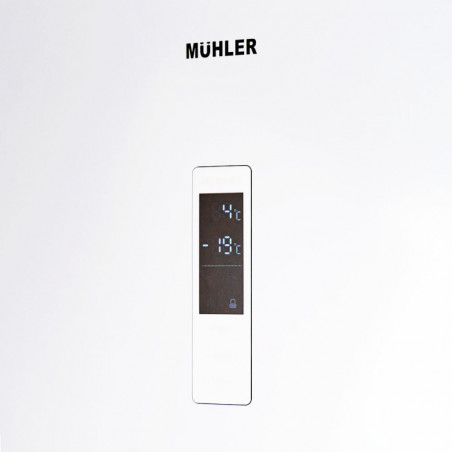 Хладилник с фризер Muhler NFC185WE, 323 л, Клас Е, No Frost, Реверсивна врата, Дисплей, R600a, Бял