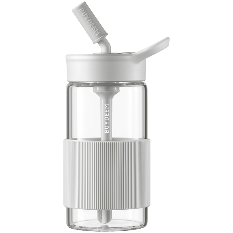 Преносима бутилка за напитки Buydeem CD1017-OW, 500 мл, Вградена сламка, Непропусклива, Термоустойчиво стъкло до 150°C, BPA free, Бял