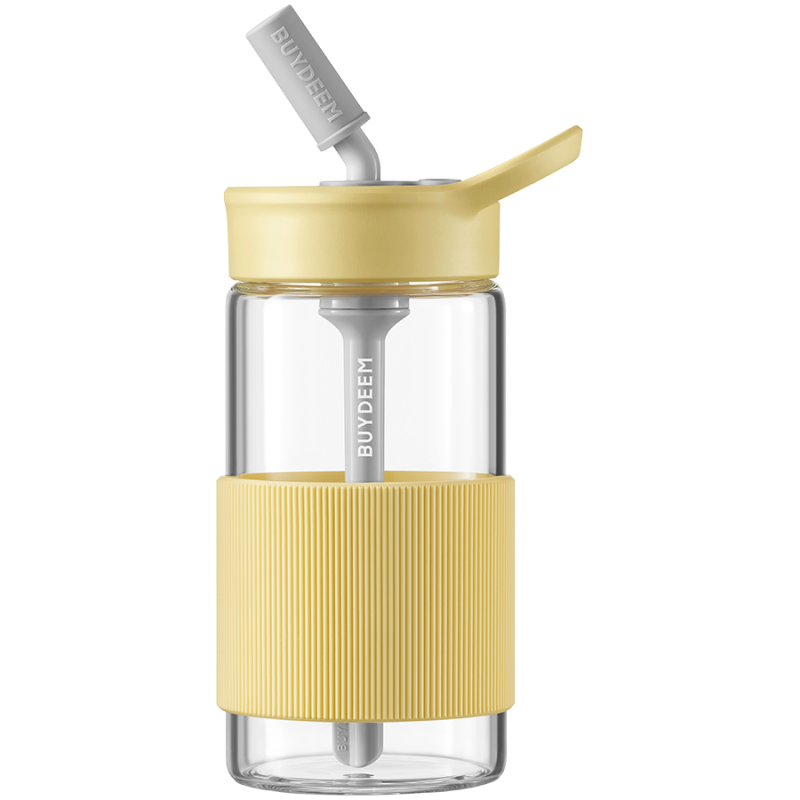 Преносима бутилка за напитки Buydeem CD1017-MY, 500 мл, Вградена сламка, Непропусклива, Термоустойчиво стъкло до 150°C, BPA free, Жълт