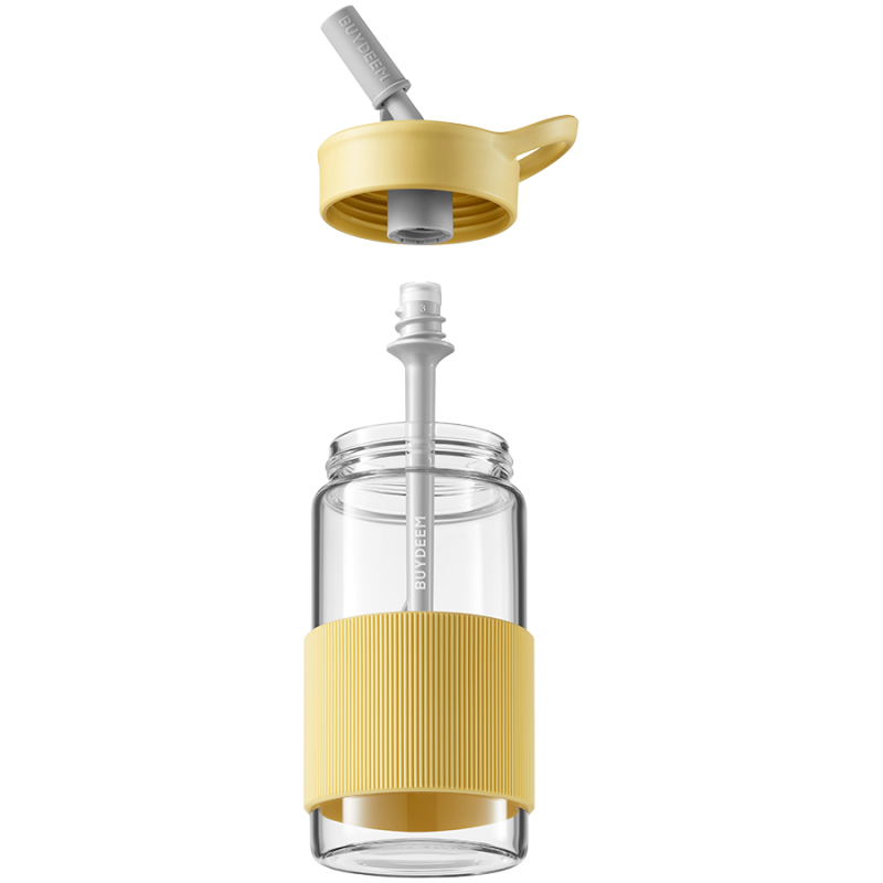 Преносима бутилка за напитки Buydeem CD1017-MY, 500 мл, Вградена сламка, Непропусклива, Термоустойчиво стъкло до 150°C, BPA free, Жълт