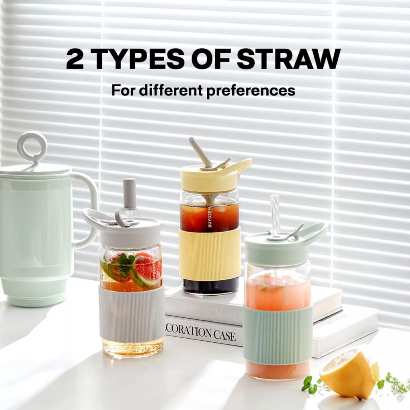 Преносима бутилка за напитки Buydeem CD1017-OW, 500 мл, Вградена сламка, Непропусклива, Термоустойчиво стъкло до 150°C, BPA free, Бял