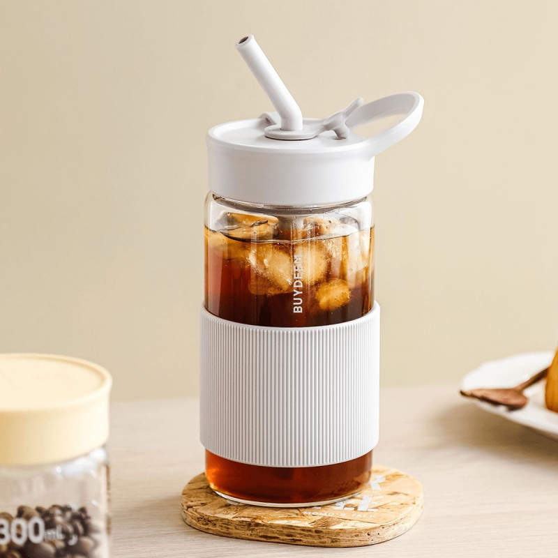 Преносима бутилка за напитки Buydeem CD1017-OW, 500 мл, Вградена сламка, Непропусклива, Термоустойчиво стъкло до 150°C, BPA free, Бял