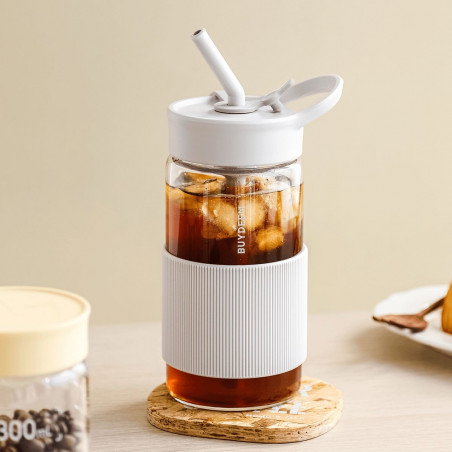 Преносима бутилка за напитки Buydeem CD1017-OW, 500 мл, Вградена сламка, Непропусклива, Термоустойчиво стъкло до 150°C, BPA free, Бял