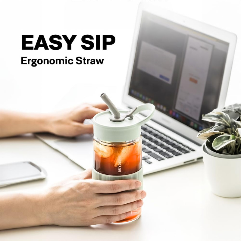 Преносима бутилка за напитки Buydeem CD1017-MY, 500 мл, Вградена сламка, Непропусклива, Термоустойчиво стъкло до 150°C, BPA free, Жълт