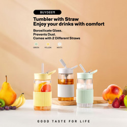 Преносима бутилка за напитки Buydeem CD1017-MY, 500 мл, Вградена сламка, Непропусклива, Термоустойчиво стъкло до 150°C, BPA free, Жълт