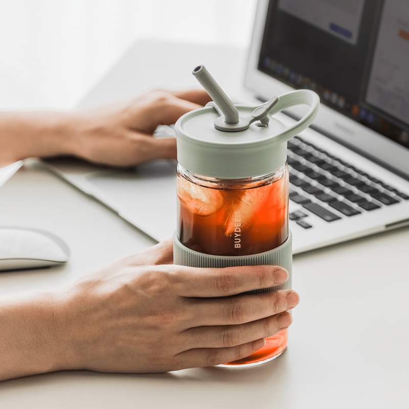 Преносима бутилка за напитки Buydeem CD1017-CG, 500 мл, Вградена сламка, Непропусклива, Термоустойчиво стъкло до 150°C, BPA free, Зелен