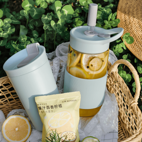 Преносима бутилка за напитки Buydeem CD1017-CG, 500 мл, Вградена сламка, Непропусклива, Термоустойчиво стъкло до 150°C, BPA free, Зелен