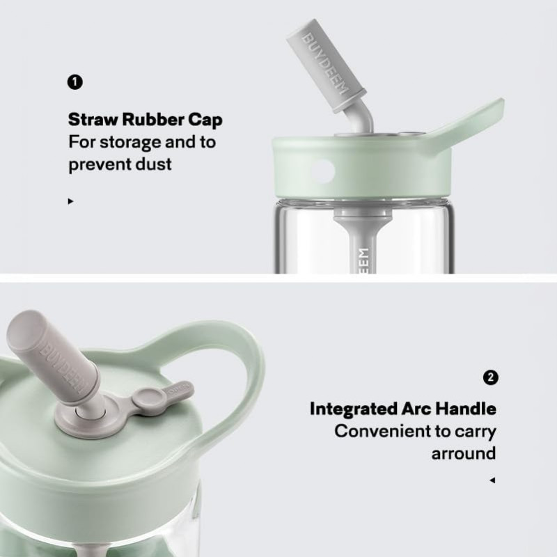 Преносима бутилка за напитки Buydeem CD1017-CG, 500 мл, Вградена сламка, Непропусклива, Термоустойчиво стъкло до 150°C, BPA free, Зелен