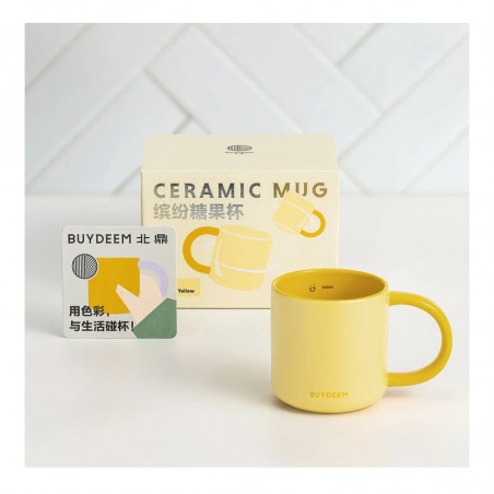 Керамична чаша за чай и кафе Buydeem CD1018-MY, 350 мл, Плоско дъно, Вътрешна мерителна скала, Високотемпературна керамика, Жълт