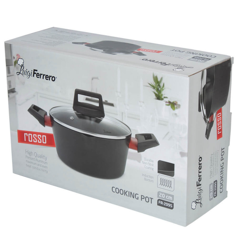 Тенджера Luigi Ferrero Rosso FR-2095 20x9.5cm, 2.2л, Незалепващо покритие, Стъклен капак с отвор за пара, Индукция, Черен