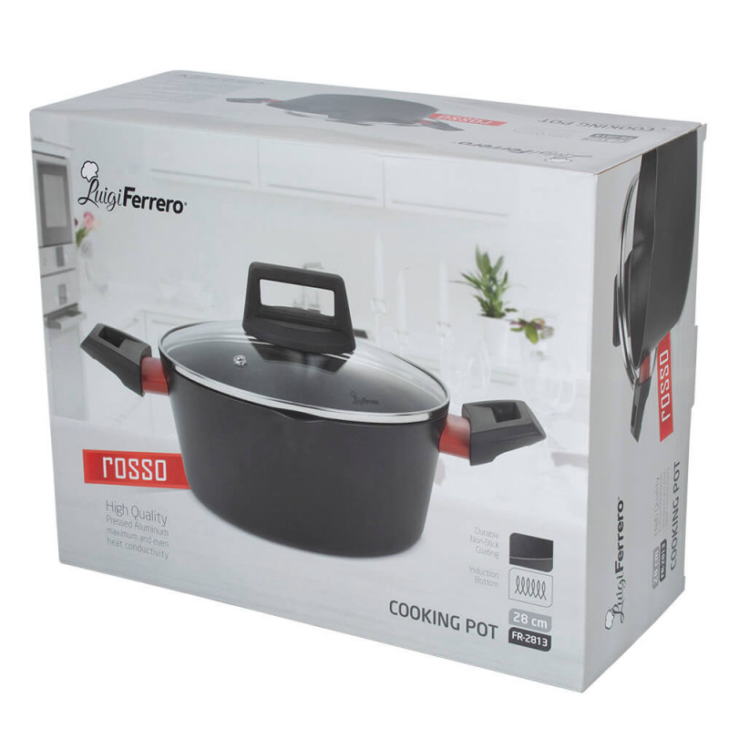 Тенджера Luigi Ferrero Rosso FR-2813, 28x13.5 см, 6.7 л, Незалепващо покритие, Стъклен капак с отвор за пара, Индукция, Черен
