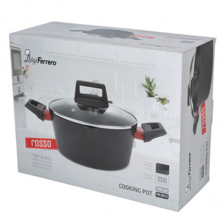 Тенджера Luigi Ferrero Rosso FR-2813, 28x13.5 см, 6.7 л, Незалепващо покритие, Стъклен капак с отвор за пара, Индукция, Черен