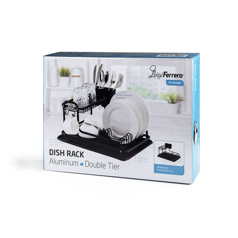 Сушилник за съдове Luigi Ferrero FR-4028AD, 43x38.5x22 см, 2 нива, Тава за отцеждане, Неплъзгащ се, Стойки, Черен