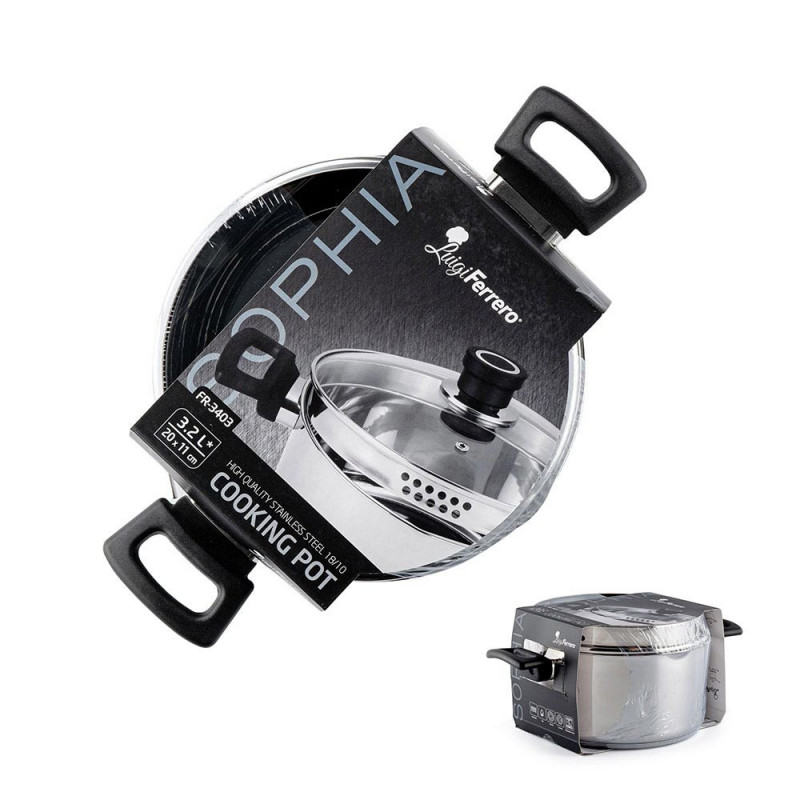 Тенджера Luigi Ferrero Sophia FR-3403, 20x11 см, 3.2 л, Стомана 18/10, Стъклен капак, Индукция, Инокс