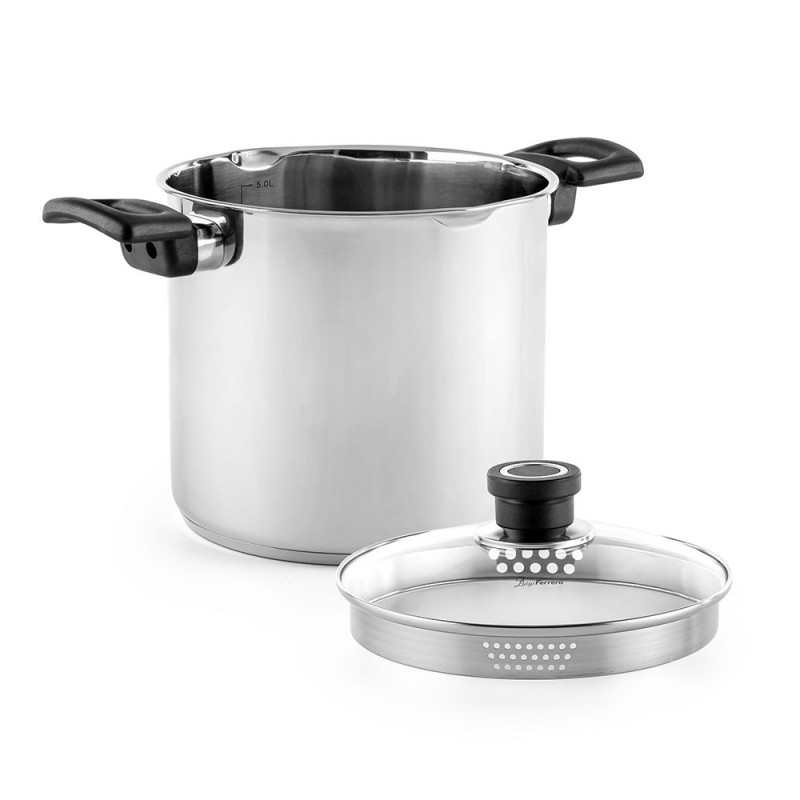 Дълбока тенджера Luigi Ferrero Sophia FR-3407, 20x18 см, 5.6 л, Стомана 18/10, Стъклен капак с отвор за пара, Индукция, Инокс