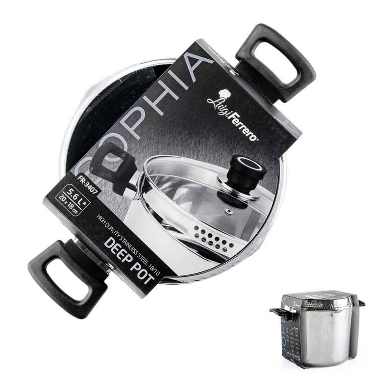 Дълбока тенджера Luigi Ferrero Sophia FR-3407, 20x18 см, 5.6 л, Стомана 18/10, Стъклен капак с отвор за пара, Индукция, Инокс