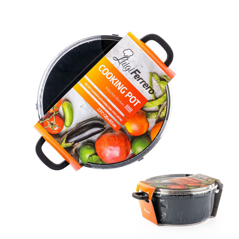 Тенджера Luigi Ferrero Hanna FR-205M, 20x8.5 см, 2.3 л, Мраморно покритие, Стъклен капак с отвор за пара, Индукция, Черен