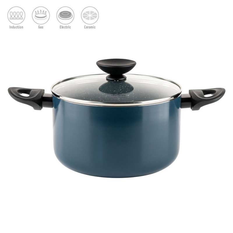 Дълбока тенджера Luigi Ferrero Prima FR-2245D, 22x13 см, 4.5 л, Незалепващо покритие с мраморен ефект, Индукция, Стъклен капак с отвор, Тъмносин