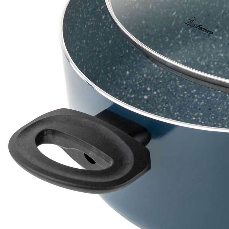 Дълбока тенджера Luigi Ferrero Prima FR-2245D, 22x13 см, 4.5 л, Незалепващо покритие с мраморен ефект, Индукция, Стъклен капак с отвор, Тъмносин