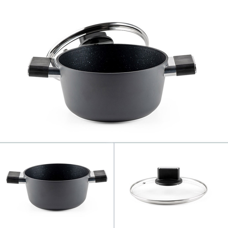 Тенджера Luigi Ferrero Regina FR-2040 20x10 см, 2.5 л, Незалепващо покритие, Стъклен капак с отвор за пара, Индукция, Черен