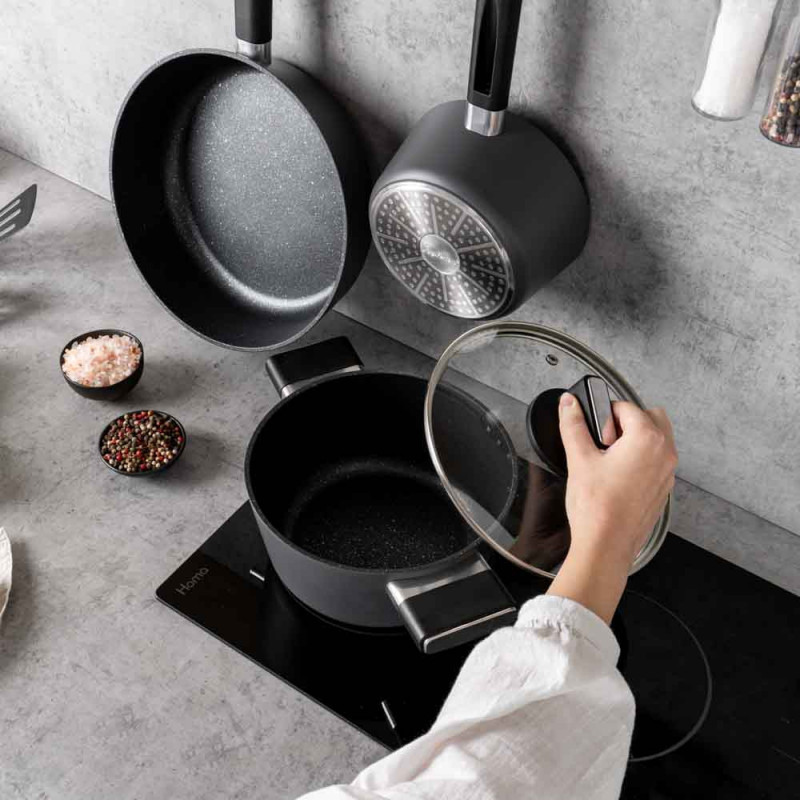 Тенджера Luigi Ferrero Regina FR-2040 20x10 см, 2.5 л, Незалепващо покритие, Стъклен капак с отвор за пара, Индукция, Черен