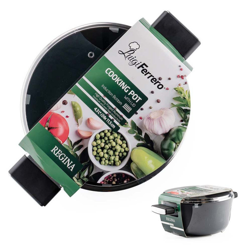 Тенджера Luigi Ferrero Regina FR-2440 24x11.5 см, 4.3 л, Незалепващо покритие, Стъклен капак с отвор за пара, Индукция, Черен