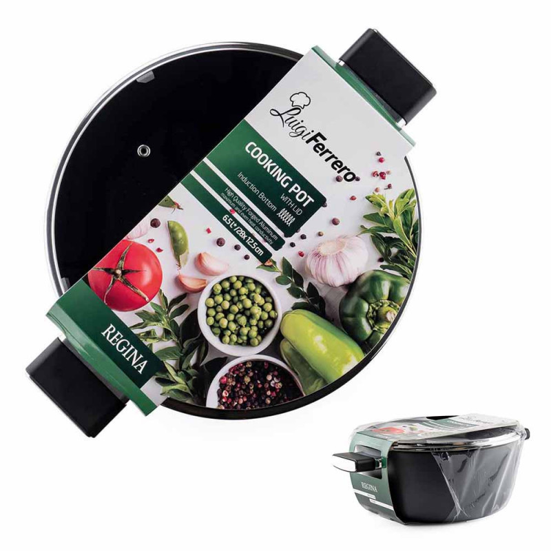 Тенджера Luigi Ferrero Regina FR-2840, 28x12.5 см, 6.5 л, Незалепващо мраморно покритие, Стъклен капак с отвор за пара, Индукция, Черен