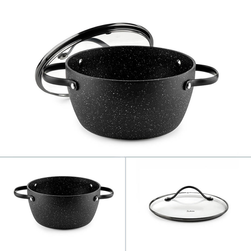 Тенджера Luigi Ferrero Symphony FR-2010, 20x10.5 см, 2.6 л, Незалепващо покритие, Стъклен капак с отвор за пара, Стоманени дръжки с PVD, Индукция, Черен мрамор