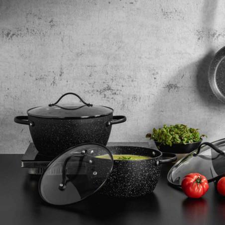 Тенджера Luigi Ferrero Symphony FR-2010, 20x10.5 см, 2.6 л, Незалепващо покритие, Стъклен капак с отвор за пара, Стоманени дръжки с PVD, Индукция, Черен мрамор