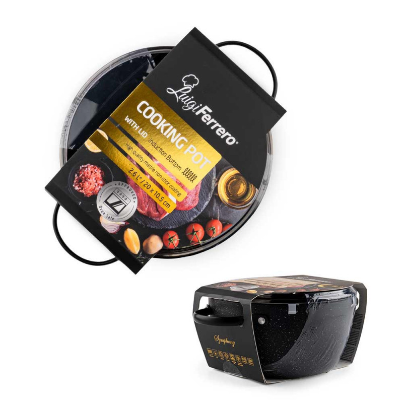 Тенджера Luigi Ferrero Symphony FR-2010, 20x10.5 см, 2.6 л, Незалепващо покритие, Стъклен капак с отвор за пара, Стоманени дръжки с PVD, Индукция, Черен мрамор