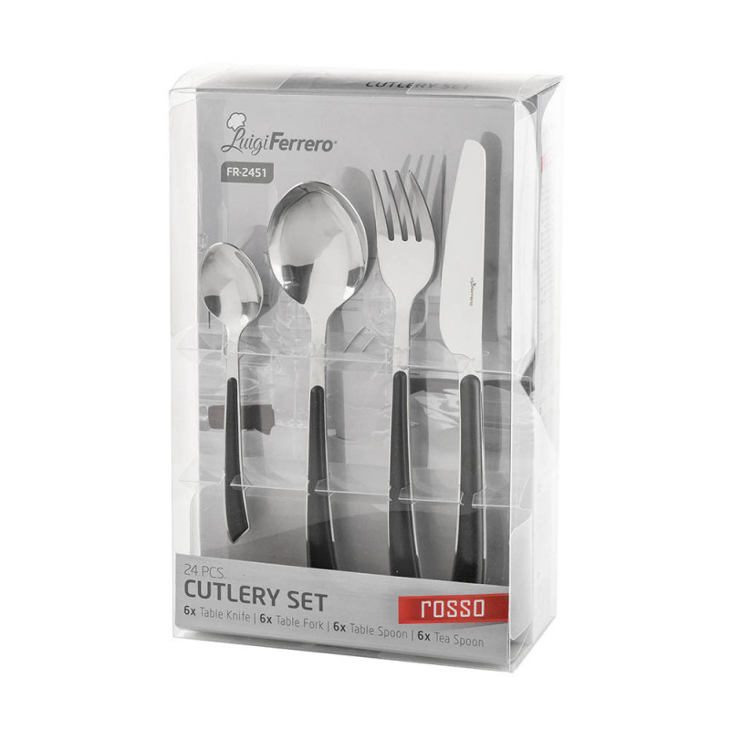 Комплект 24 бр прибори за хранене Luigi Ferrero Rosso FR-2451, Неръждаема стомана, Черен/инокс
