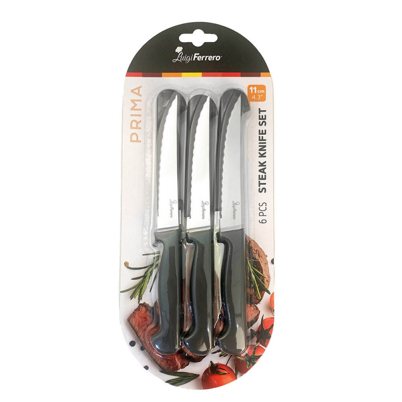 Комплект 6 бр. ножове за стек Luigi Ferrero Prima FR-1258, Неръждаема стомана, Лесно почистване, Черен/инокс