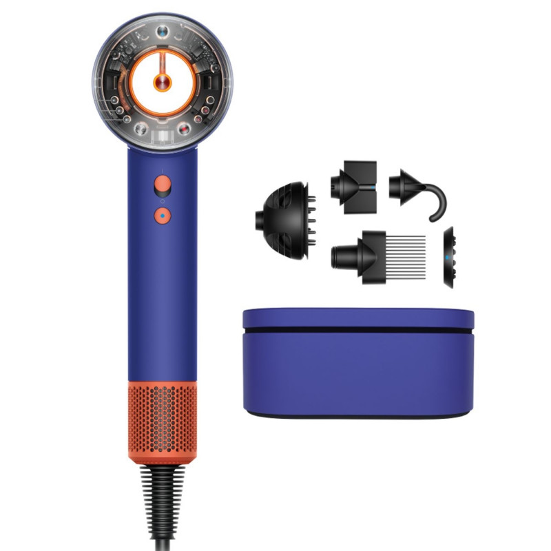 Сешоар Dyson Supersonic Nural HD16 VnBu/Topaz, 1600W, 3 скорости, 4 температури, Отрицателни йони, 5 приставки, Предпазващ скалпа, Син/топаз