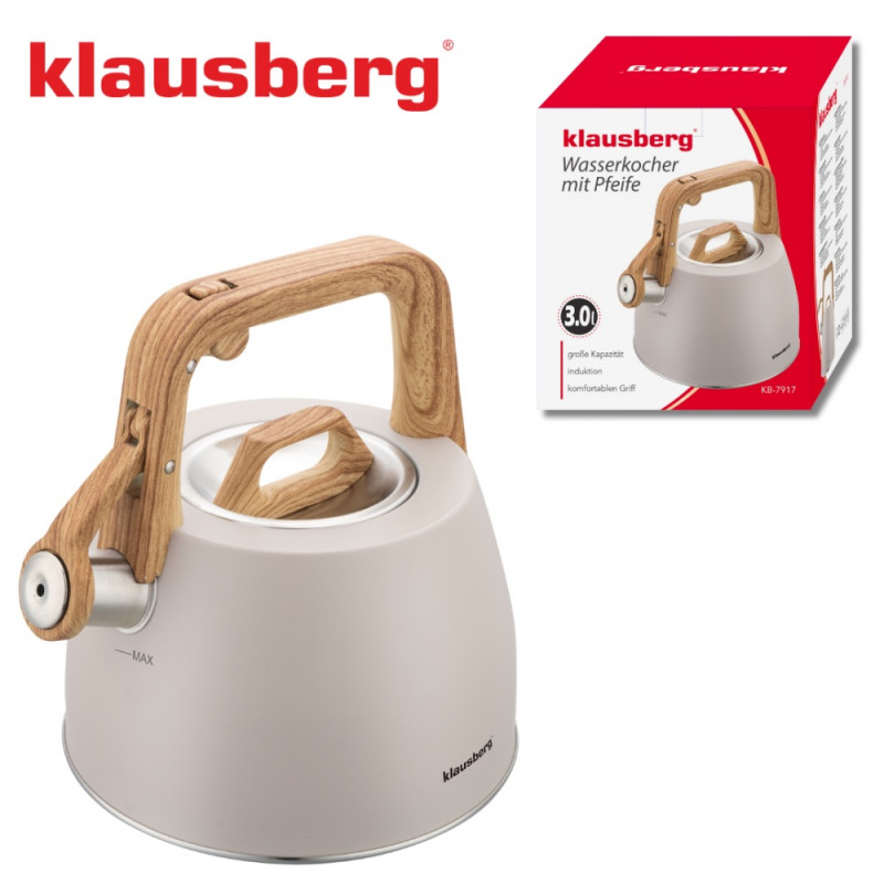 Свирещ чайник Klausberg KB 7917, 2.5 л, Топлоизолирана дръжка, Индукция, Бежов