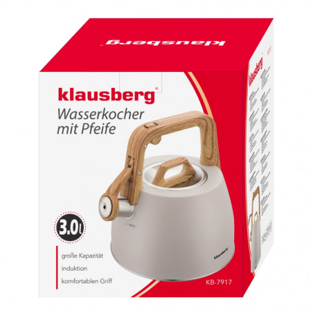 Свирещ чайник Klausberg KB 7917, 2.5 л, Топлоизолирана дръжка, Индукция, Бежов