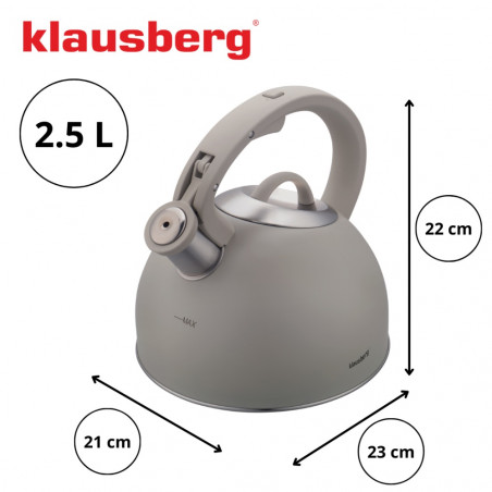 Свирещ чайник Klausberg KB 7912, 2.5 л, Дръжка с дървесен ефект, Индукция, Светлосив